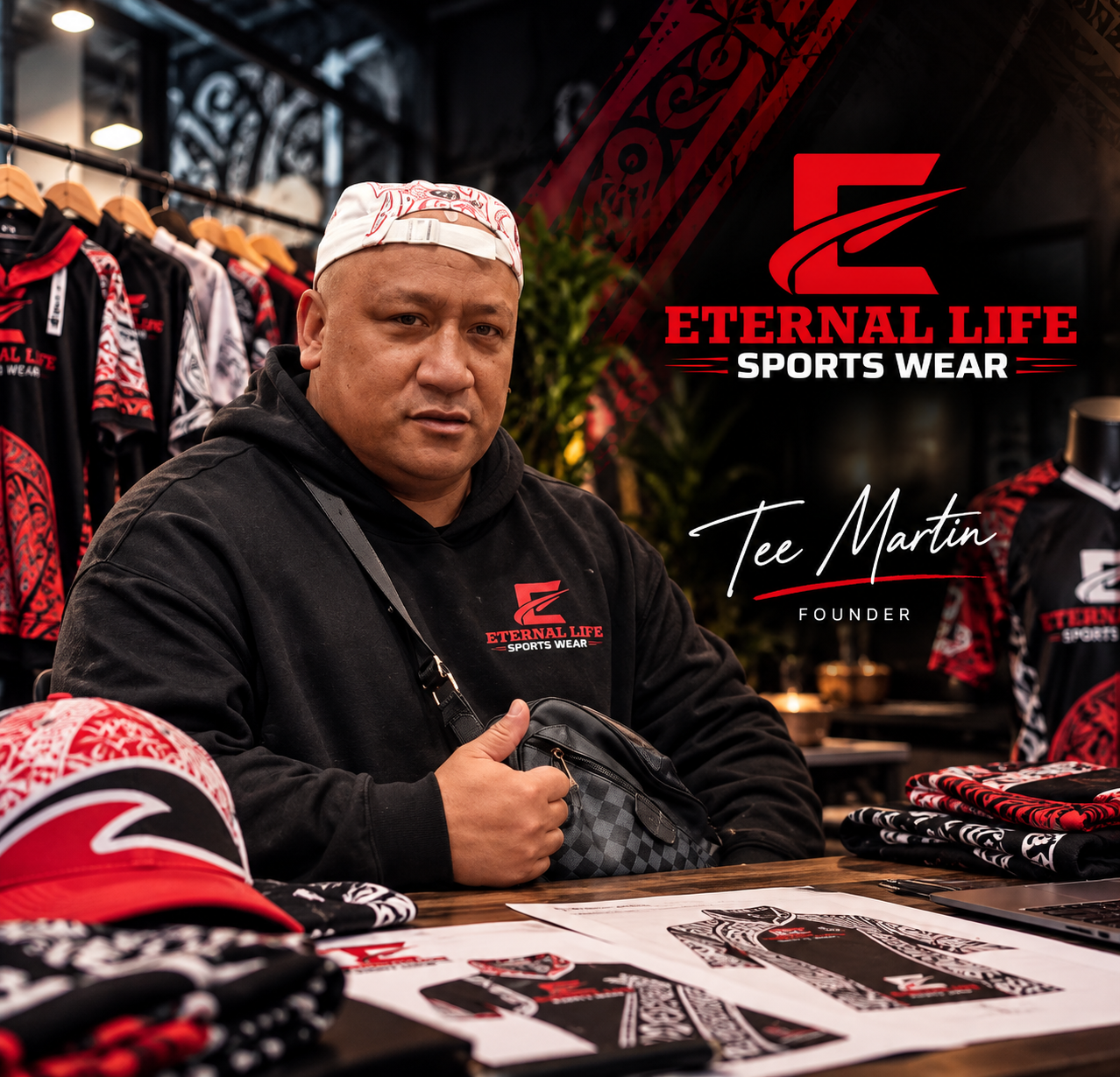 A man sitting at a booth with sportswear and caps, branding for Eternal Life Sports Wear, with a display of branded clothing and hats, and a sign with the founder's name Tee Martin.