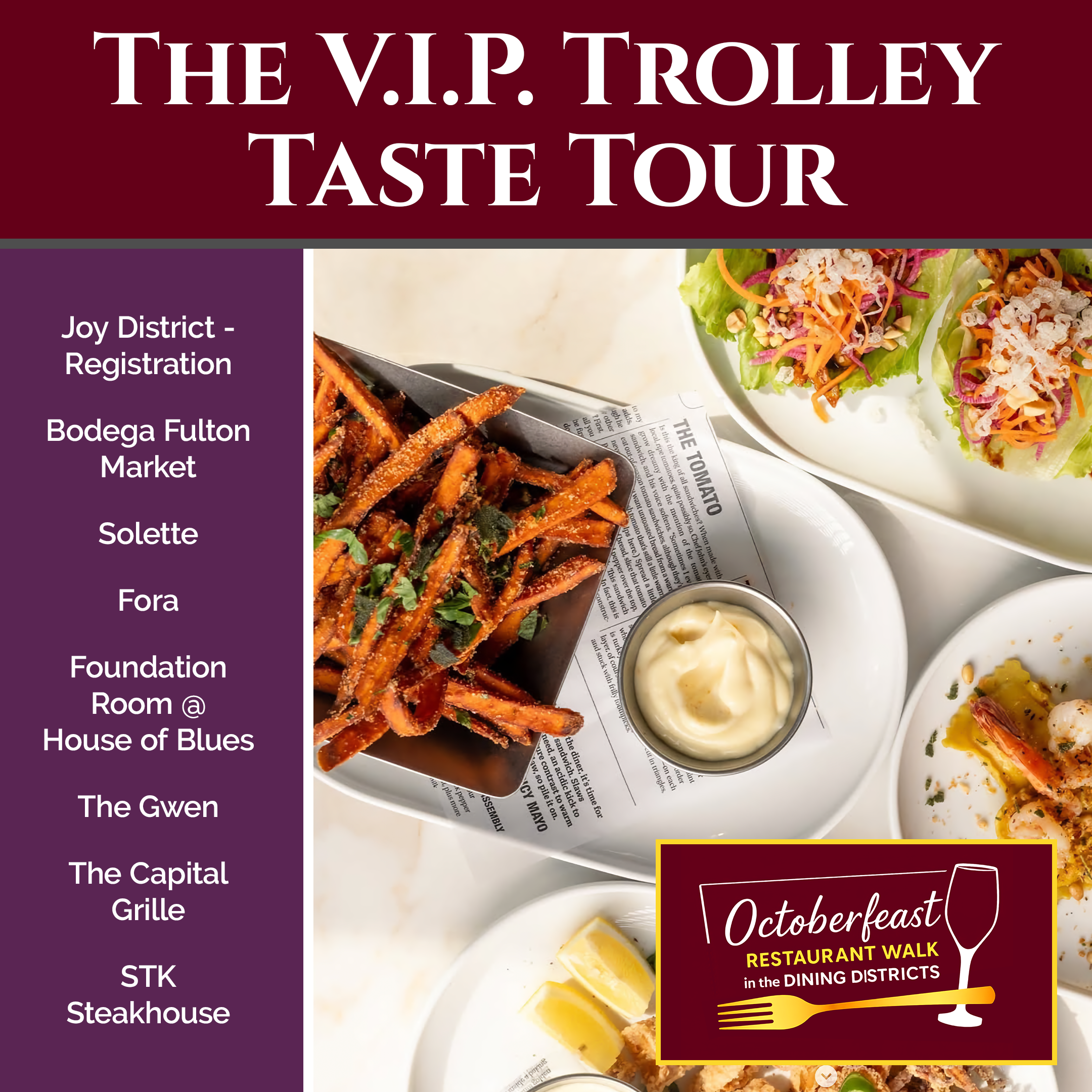 Event poster for the VIP Trolley Taste Tour at Bodega Fulton Market, featuring images of food including salads and fries, and promoting a restaurant walk in the dining districts.