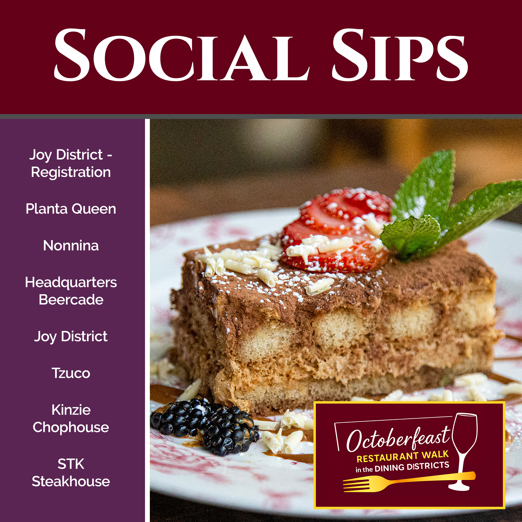 A promotional flyer for an Oktoberfest restaurant walk featuring various cake slices decorated with berries, cream, and mint leaves, with bold text titles on a maroon and purple background.
