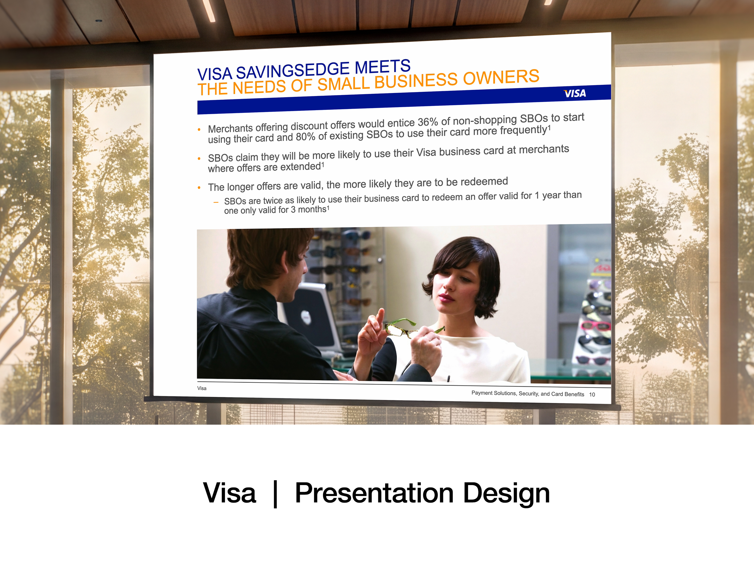 A projection screen displaying a presentation slide titled 'VISA SAVINGSEDGE MEETS THE NEEDS OF SMALL BUSINESS OWNERS.' The slide includes bullet points about merchants offering discount offers, SMB card usage, and offer validity. In front of the scr