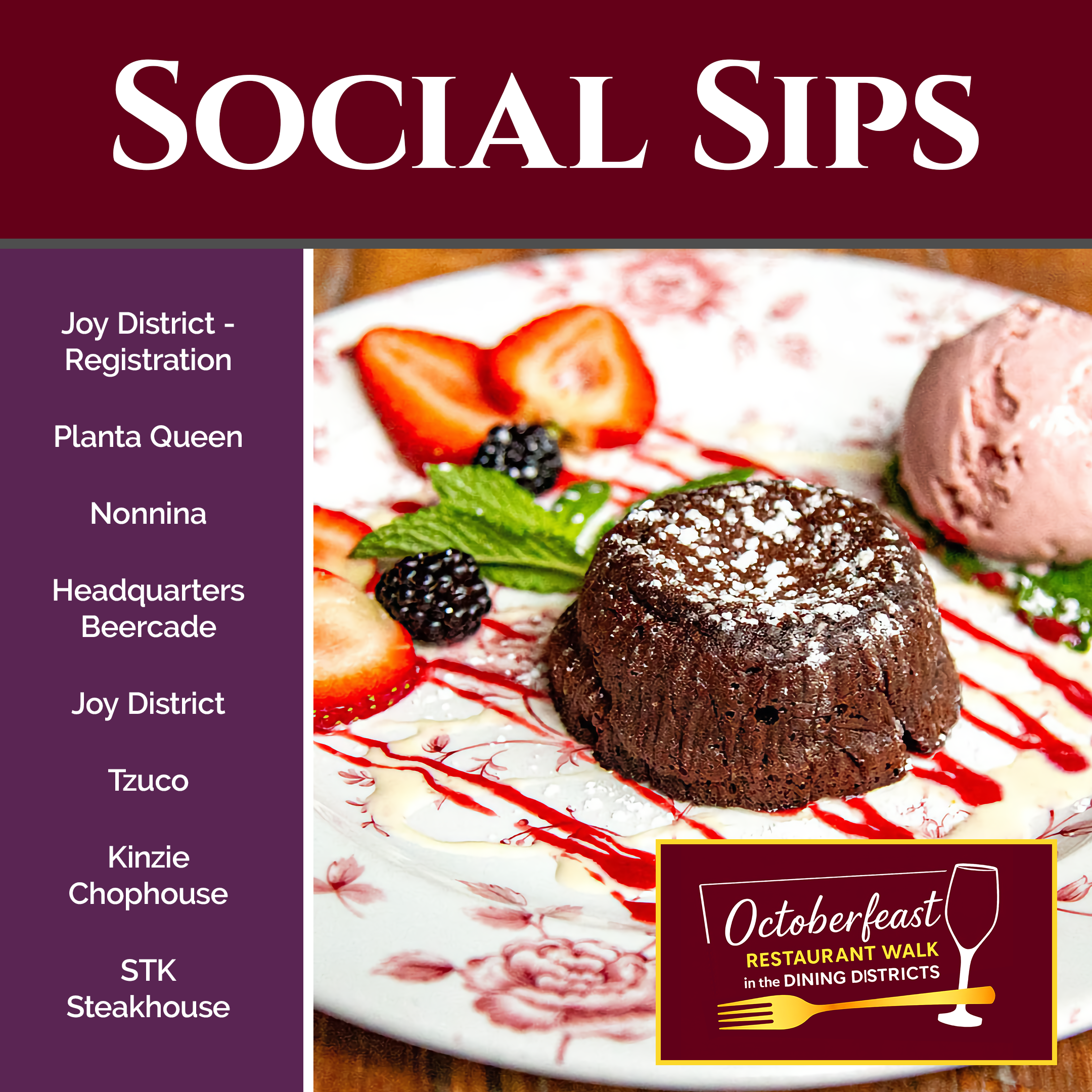 A social media post for Octoberfeast restaurant walk featuring a dessert with white cream topped with strawberries, blackberries, mint leaves, and a chocolate truffle, drizzled with red syrup.
