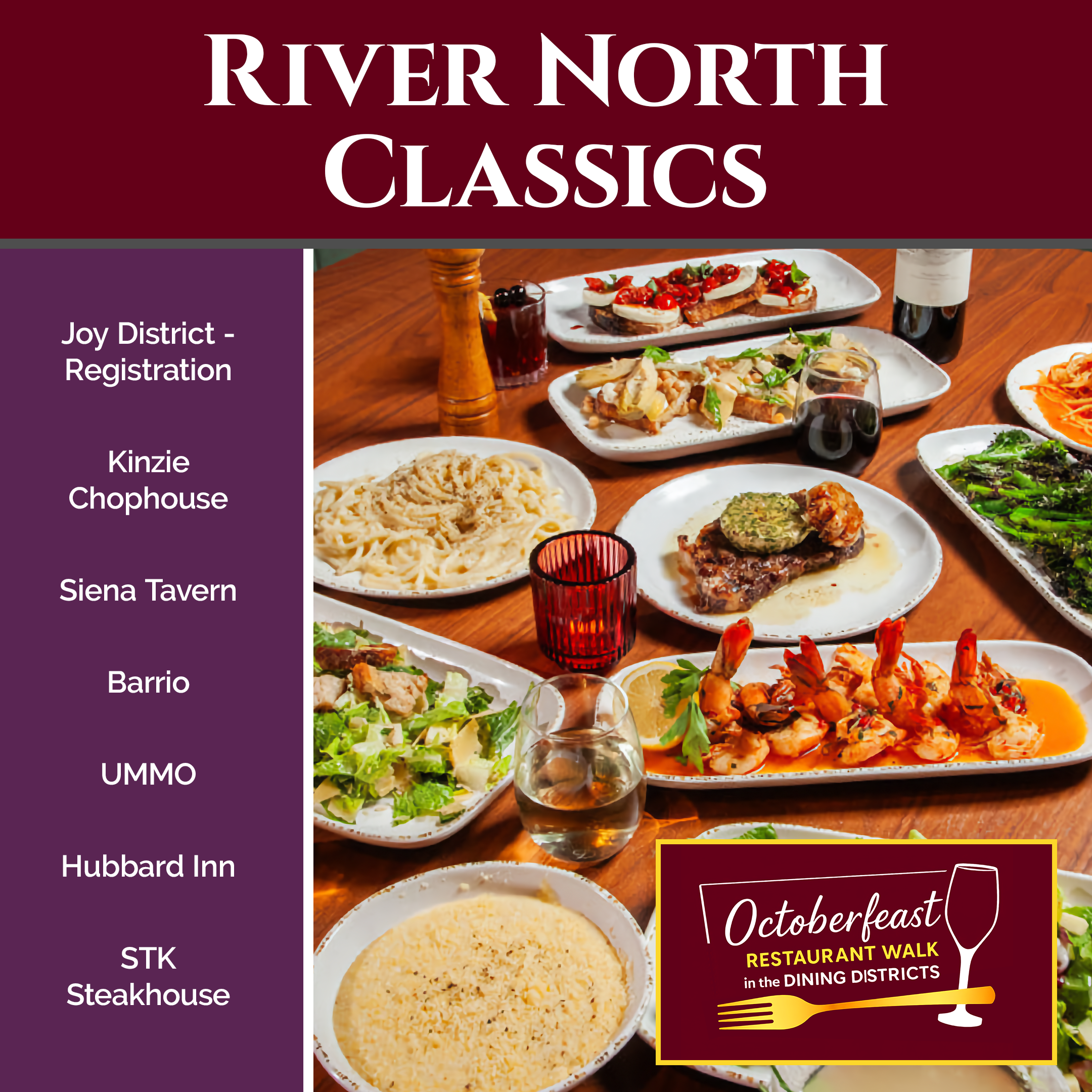 A promotional poster for an Oktoberfest event displaying a table of various dishes including pasta, breaded chicken, salads, and drinks, with a maroon background and white text.