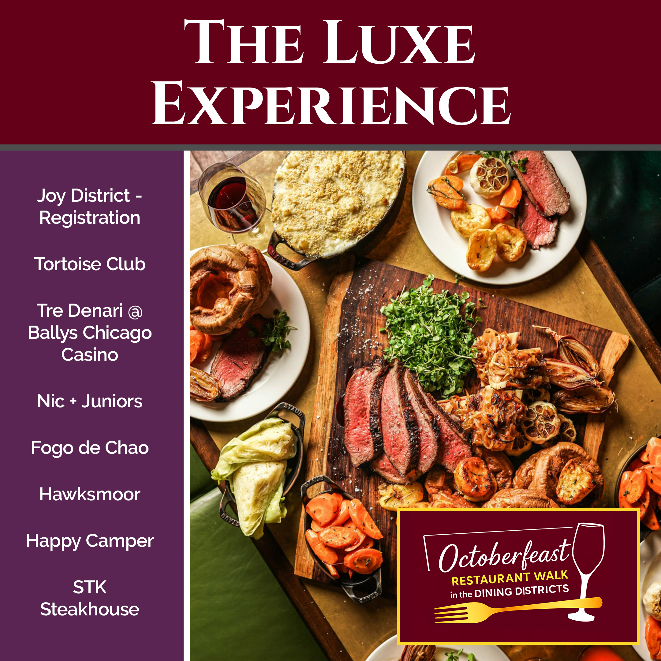 A social media post for Octoberfeast restaurant walk featuring food dishes, a glass of red wine, and a wooden serving board.
