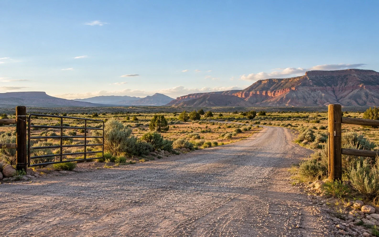 Gravel access road through an open gate on a rural desert property