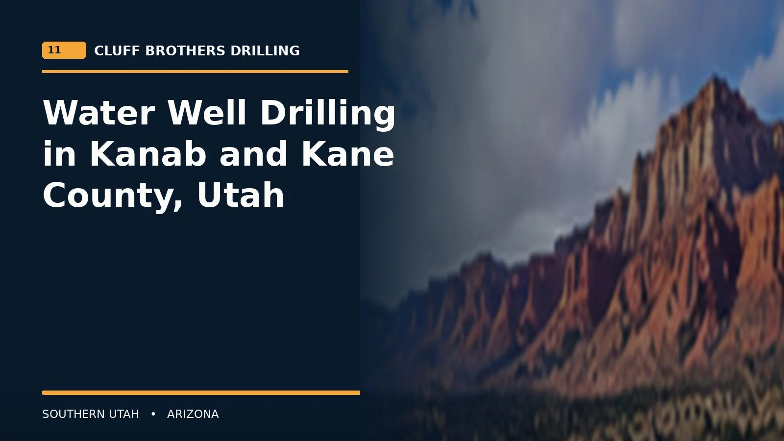 Branded editorial graphic for Cluff Brothers Drilling article: Water Well Drilling in Kanab and Kane County, Utah. Conceptual AI scene, not a company jobsite photograph.