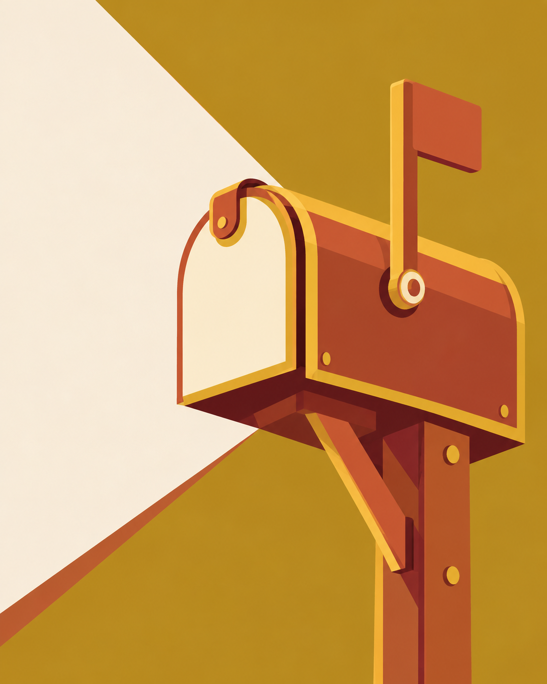 A stylized, abstract illustration of a mailbox mounted on a post, with an open slot for mail and a flag sticking up.