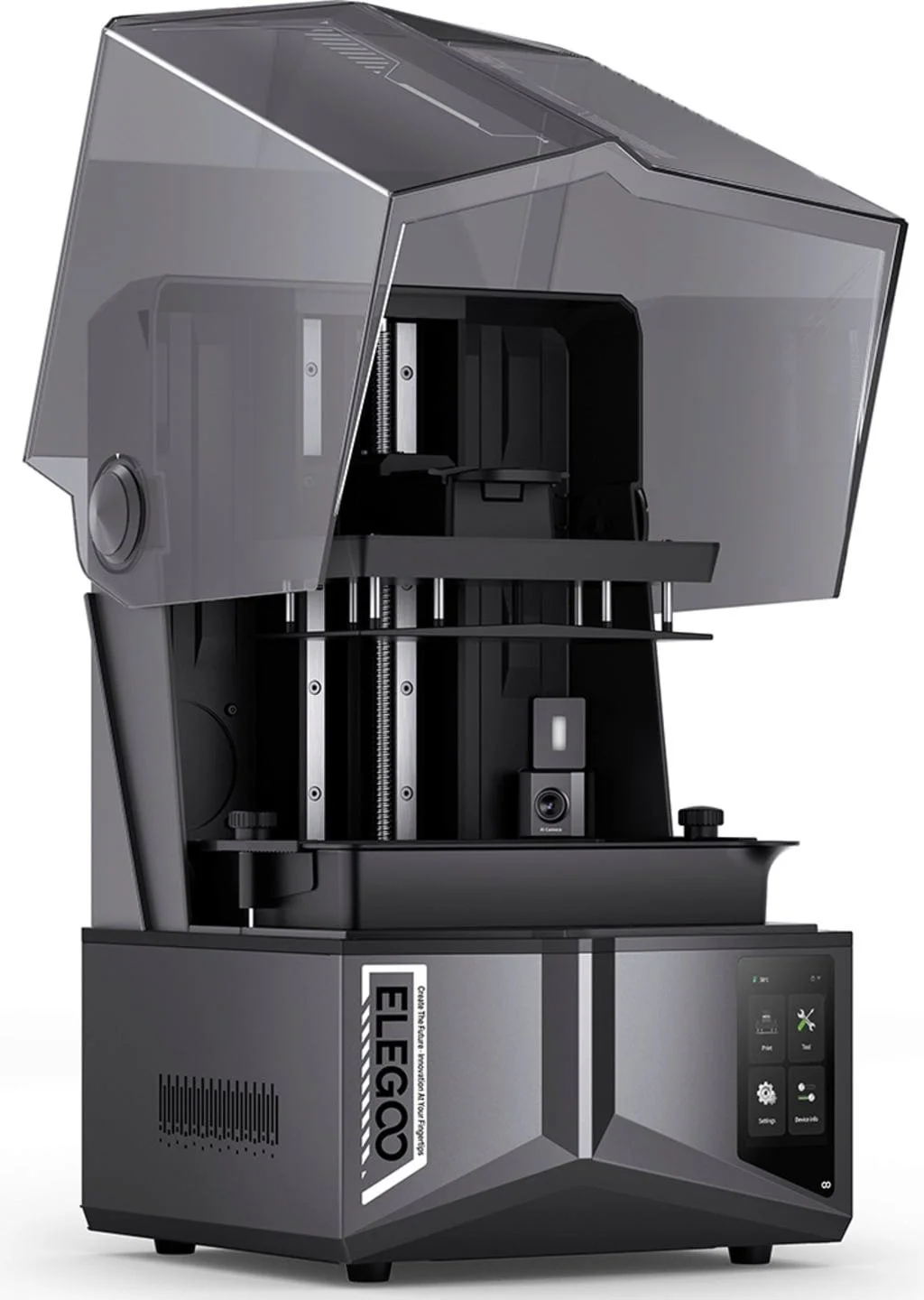 3D-Drucker von ELEGOO mit Schutzhaube und einem Touchscreen-Display.