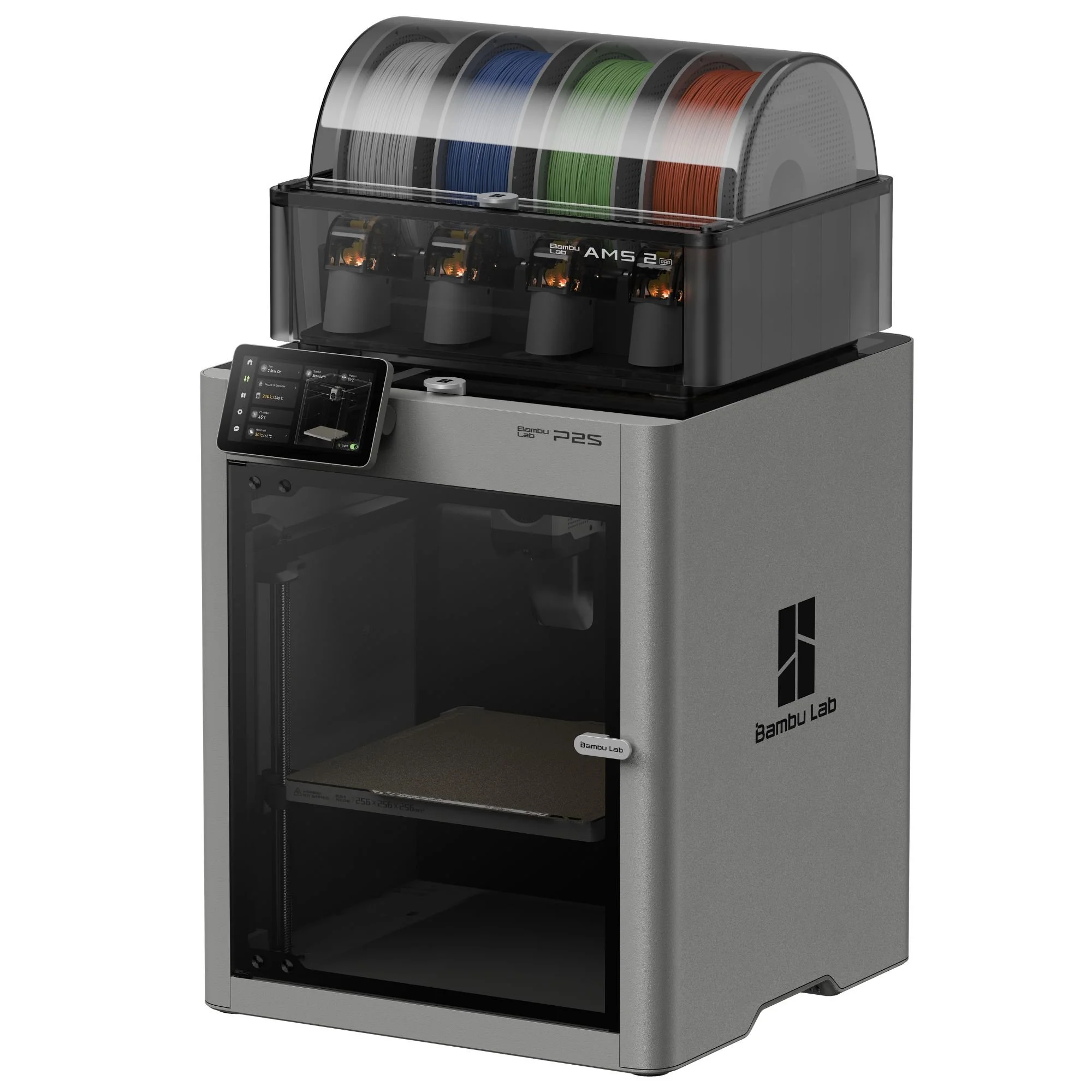 Ein 3D-Drucker mit mehreren Spulen mit buntem Filament, der auf einem Tisch steht.