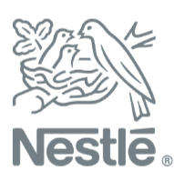 Nestlé logo featuring two birds sitting in a nest with a butterfly above them.