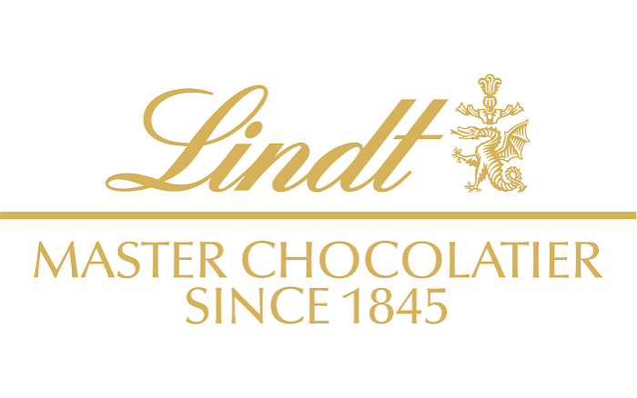 Lindt logo with the text "Master Chocolatier Since 1845" and a golden lion emblem.