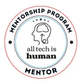 Circular logo with the text 'Mentorship Program Mentor' and 'All tech is human'. Alicia Avsaroglu. Ethical AI mentorship.
