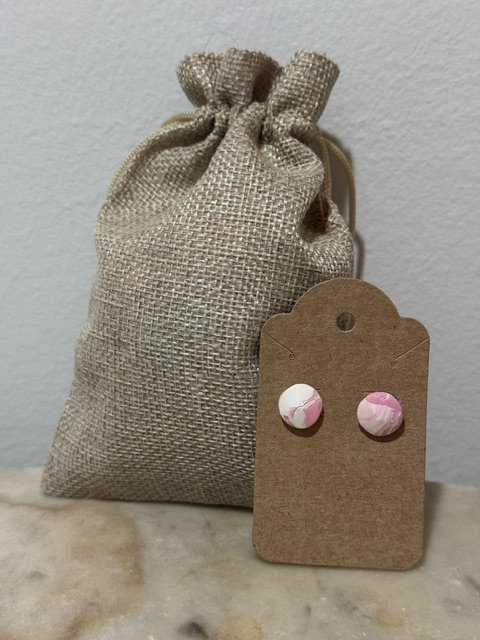 Pink and White Clay Button Earrings