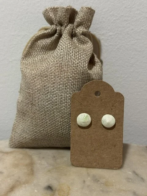 White and Light Green Clay Button Earrings