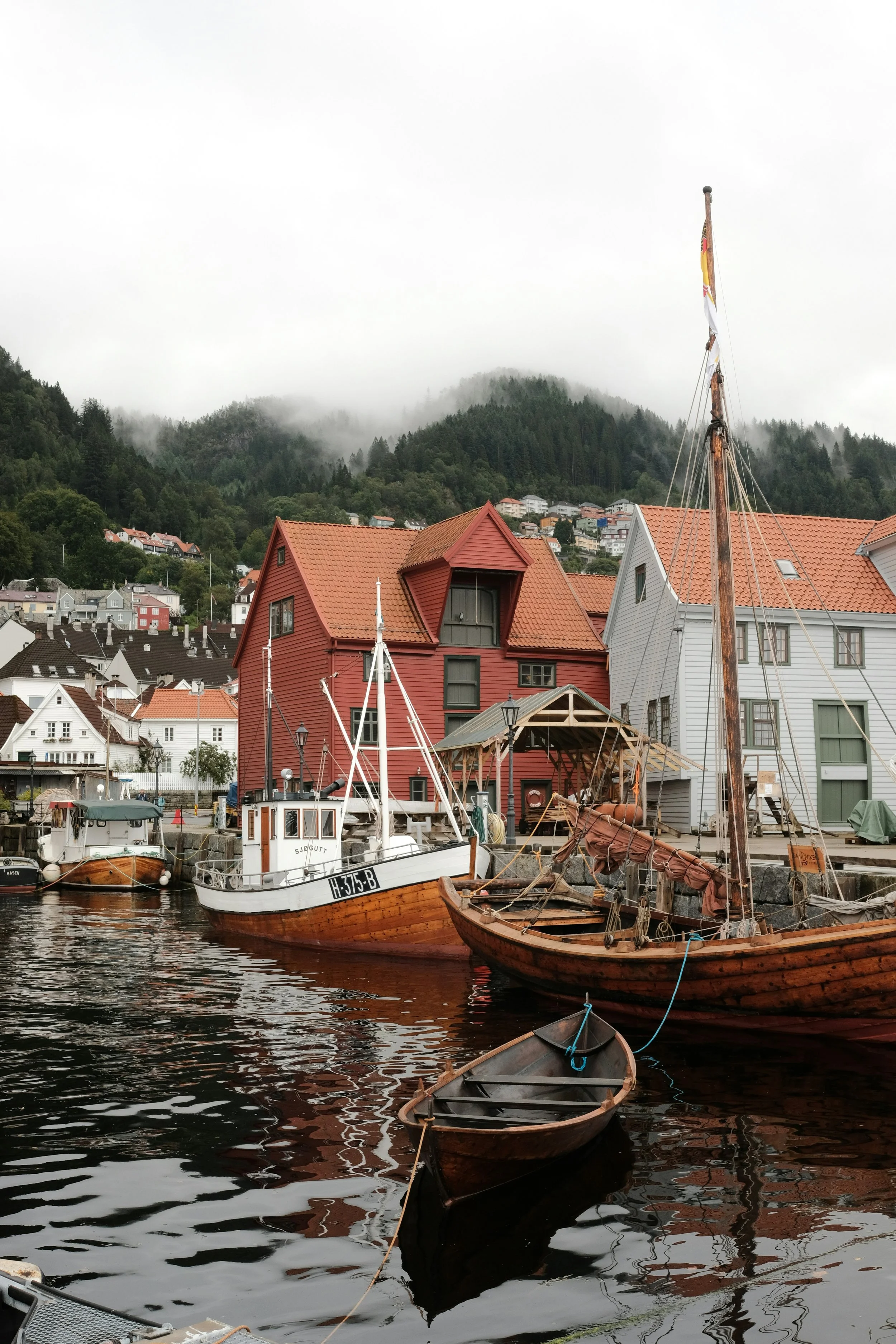 A harbor scene with boats docked in calm water, colorful houses with red and white facades along the shore, and a green hillside with misty clouds in the background.