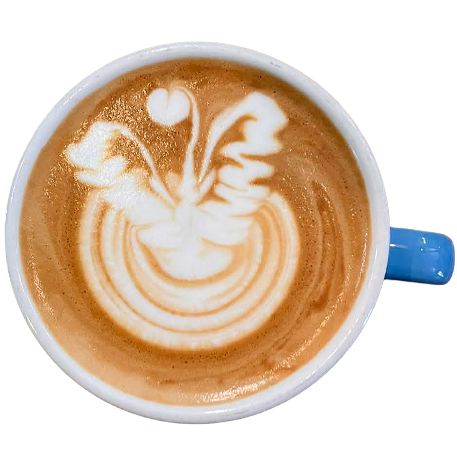 Top-down view of a swan latte art made from Alternative Almond milk in a cup.