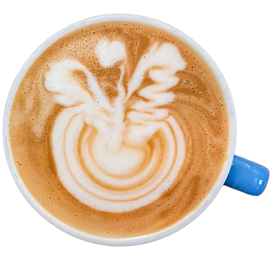 Top-down view of a swan latte art made from Alternative Oat milk in a cup.