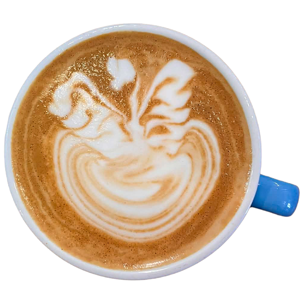 Top-down view of a swan latte art made from Alternative Soy milk in a cup.