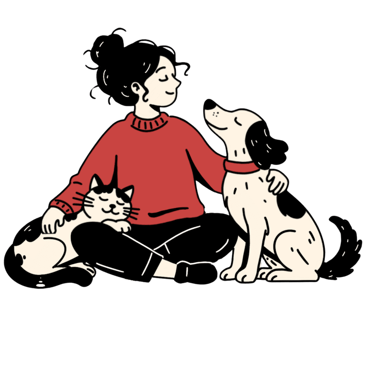Scratch & Bark's original illustration of a woman with her cat and dog