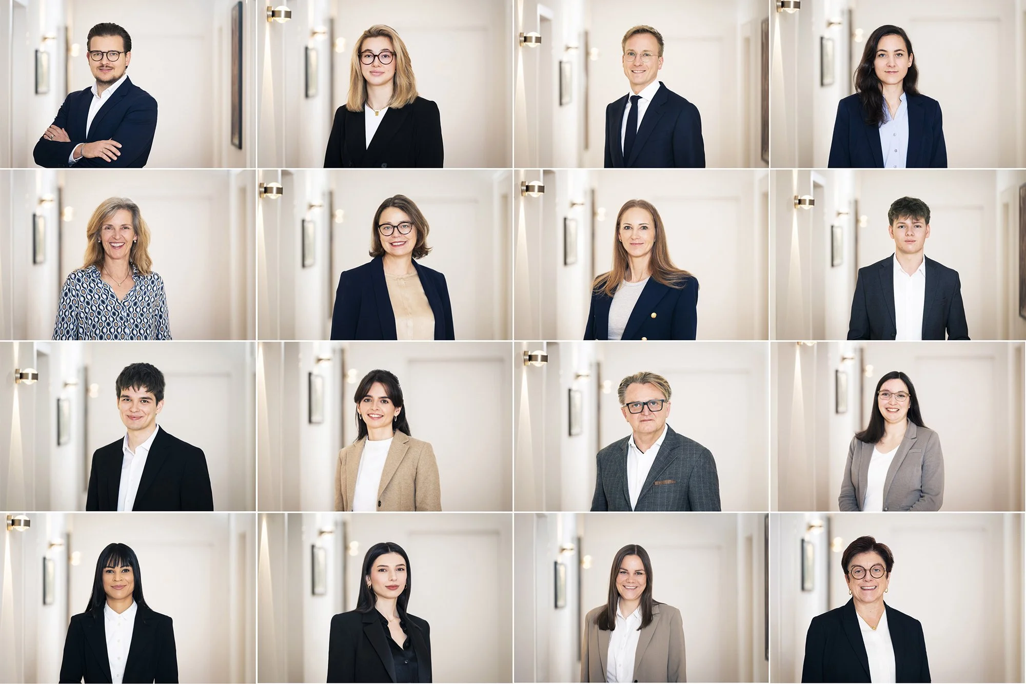 Collage of professional headshots of diverse individuals in business attire, standing in a well-lit hallway with white walls.