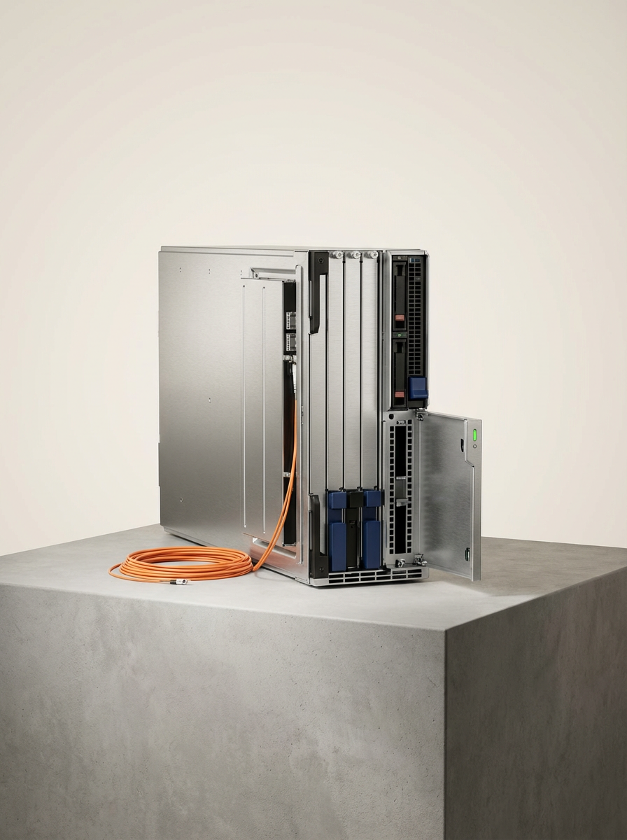 A server or networking equipment placed on a concrete surface with a plain white wall in the background.