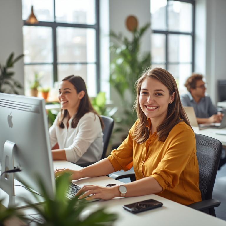 Happy employees in an office setting