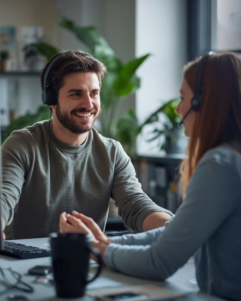 Two people wearing headsets sitting at a desk in an office, smiling, engaging in conversation.