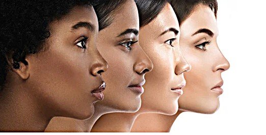 Four women with different skin tones looking to the right in profile shot.