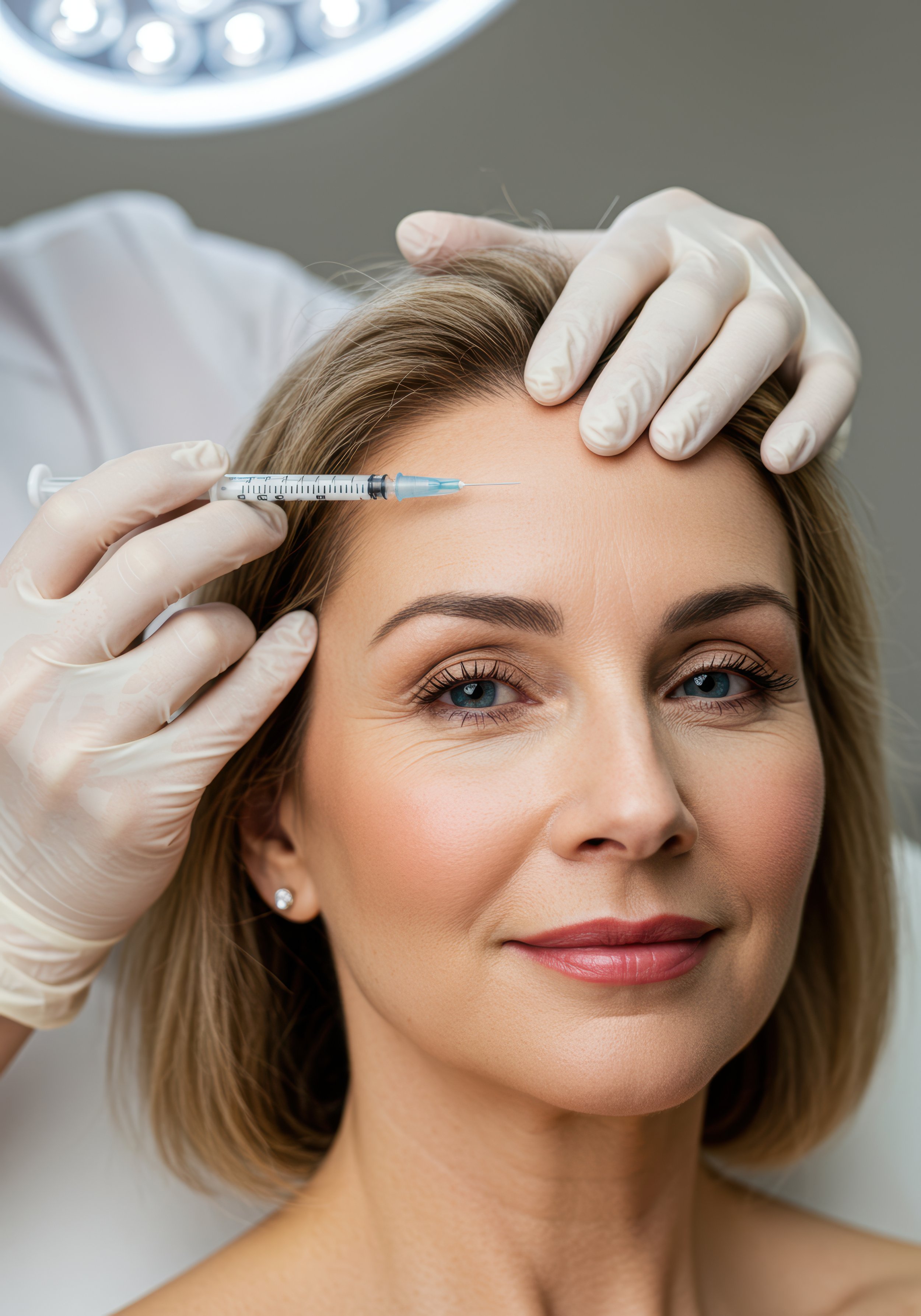 A woman with blue eyes and blonde hair is receiving an injection in her forehead from a medical professional wearing gloves, with part of a surgical light visible in the background.