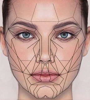 A woman's face with geometric lines and shapes overlaid, indicating facial mapping or analysis.