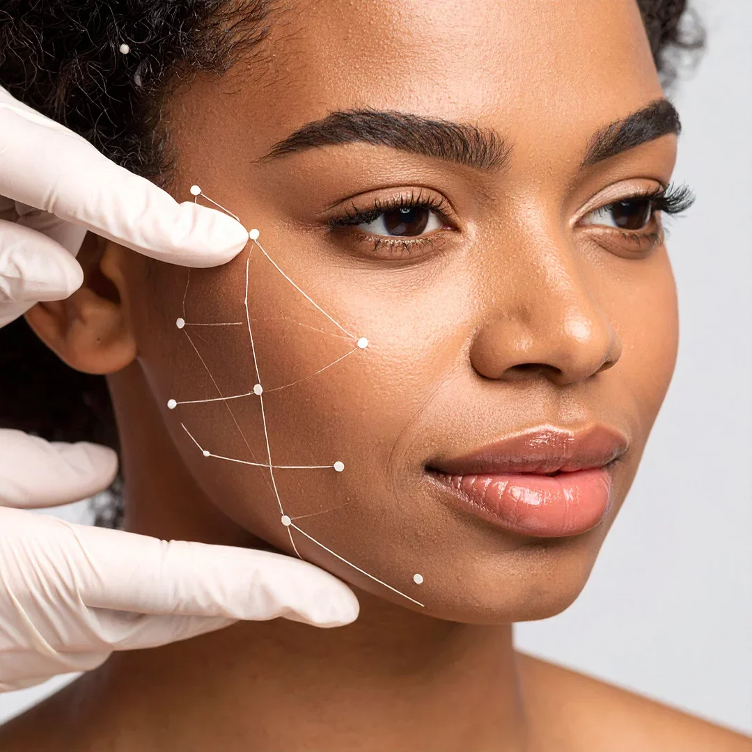 A woman with a calm expression during a face consultation, with white gloves holding her chin, and a diagram of netting and dots over her cheek area for aesthetic or medical analysis.