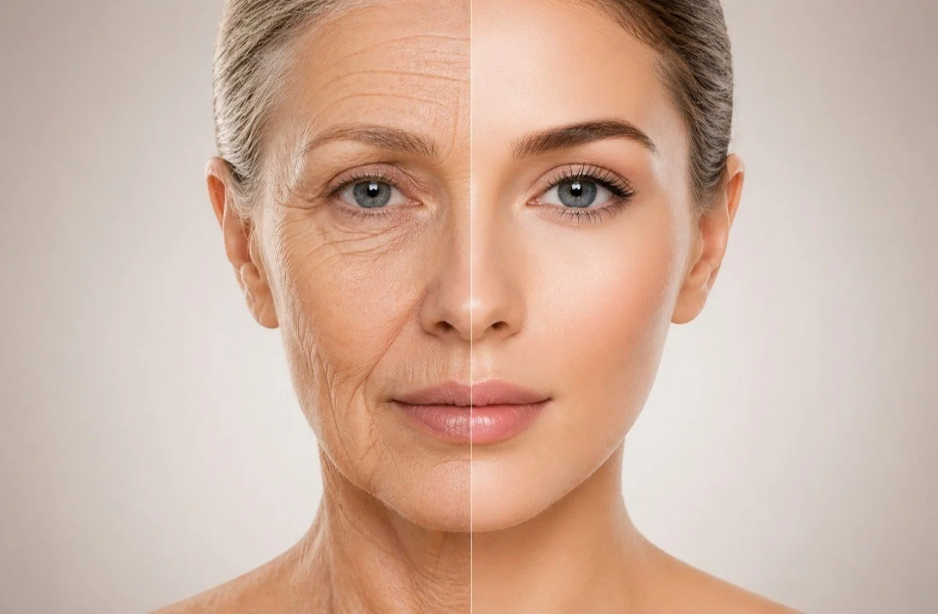 Split image showing an older woman with wrinkles on the left side and a younger woman with smooth skin on the right side.