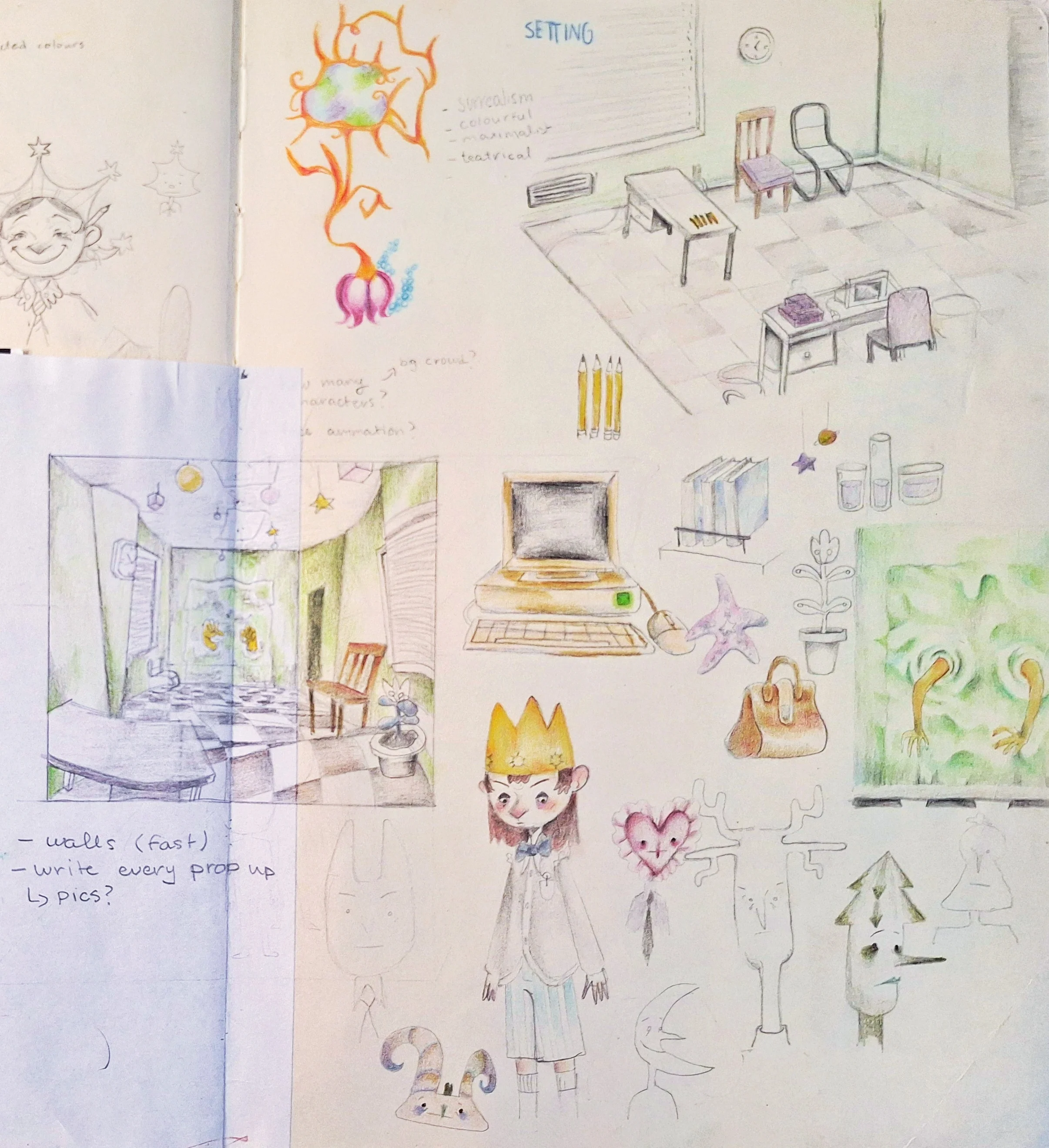 Design of the office environment, props and the wall with tickling hands.   