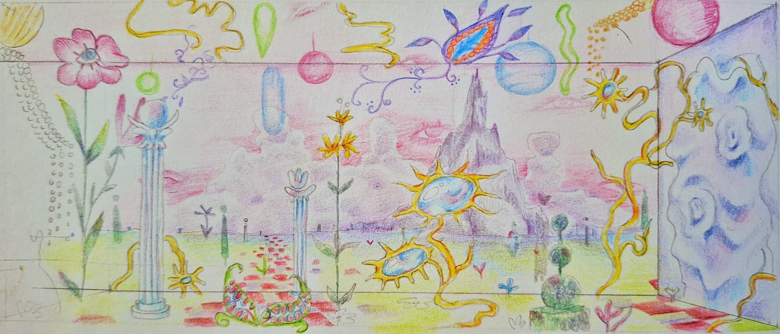 The design of the fantasy dimension was inspires by the surrealist art. It was made to contrast a mundane and desaturated office environment.   