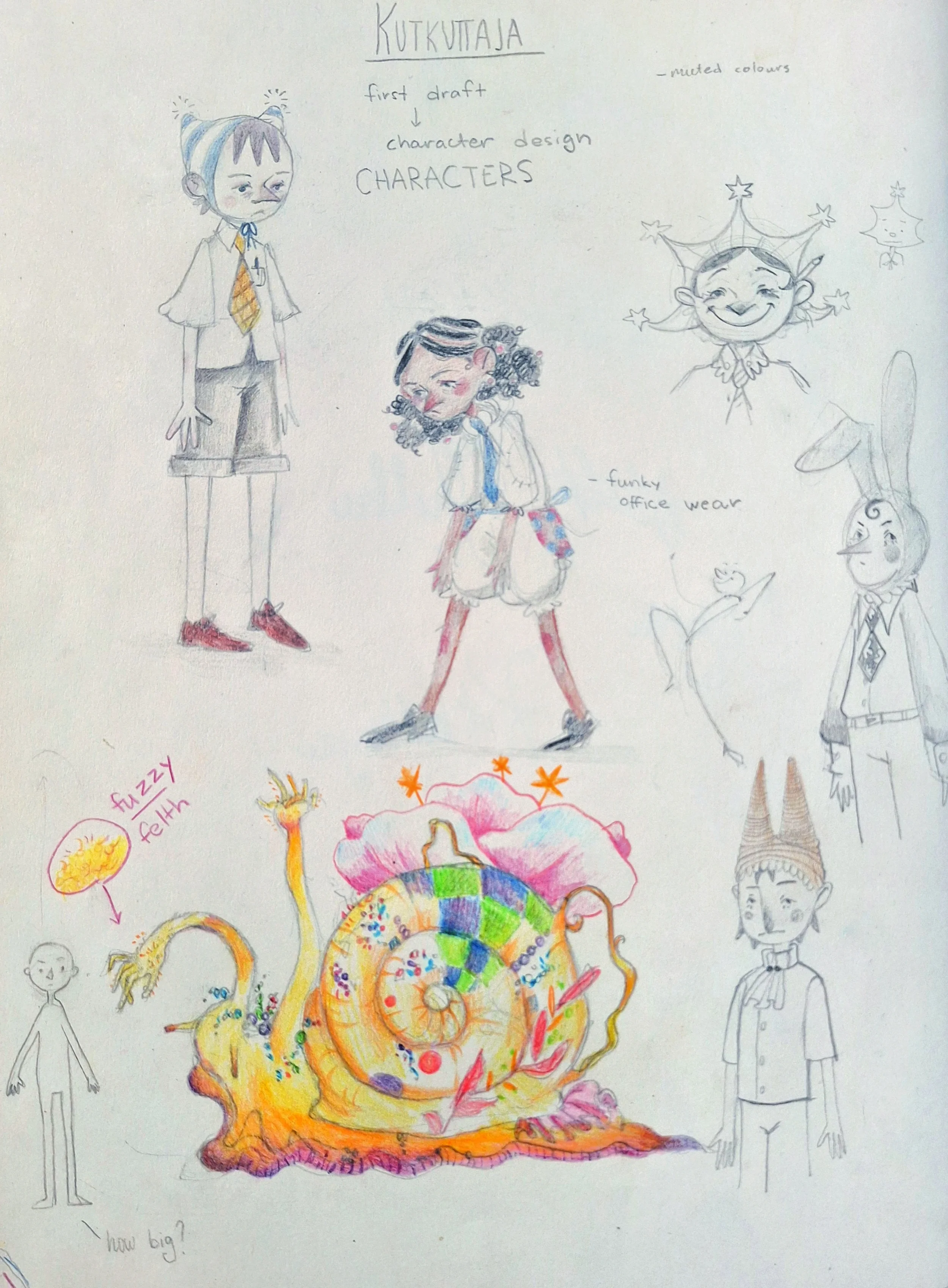 First sketches of the characters. They were more human like at first. Changes were made to make them less child like and more symbolic. Snail stayed pretty much the same.
