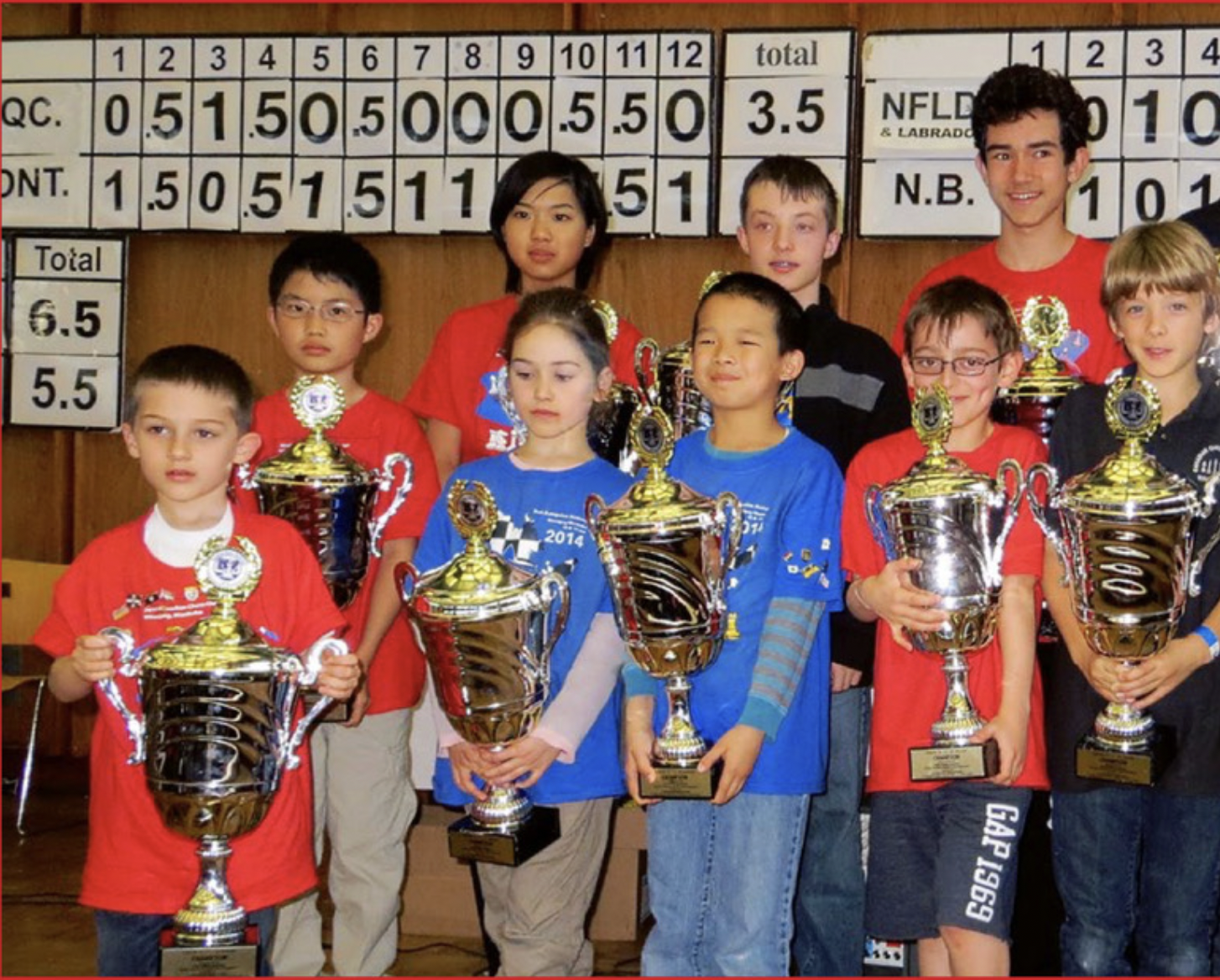 Jeffrey Xu (coach Jeff) with teammate Nemo Zhou and others, Canadian Chess Challenge 2014.