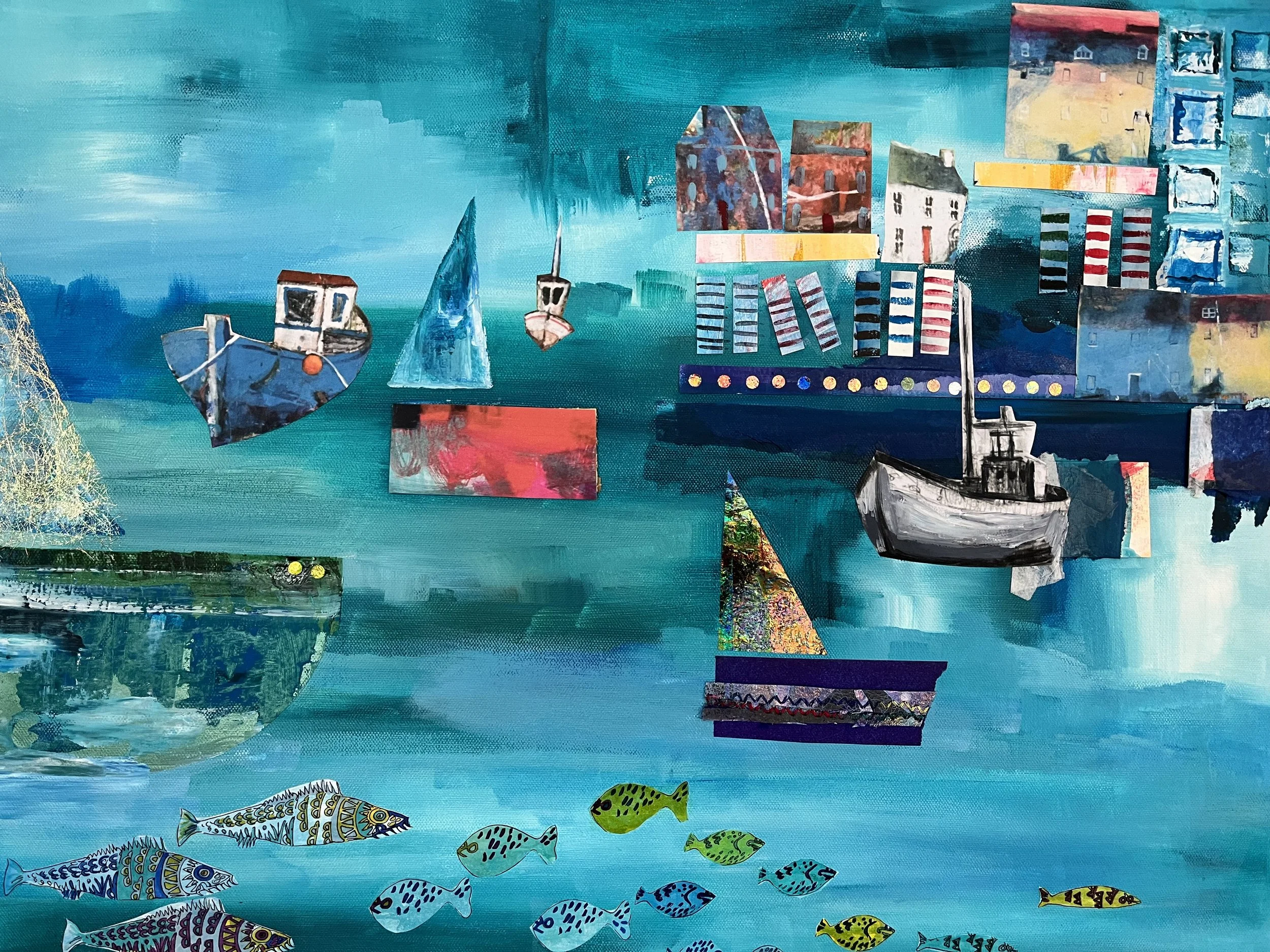Abstract mixed media painting of a city skyline with colorful buildings, ships, and fish in a blue ocean background.