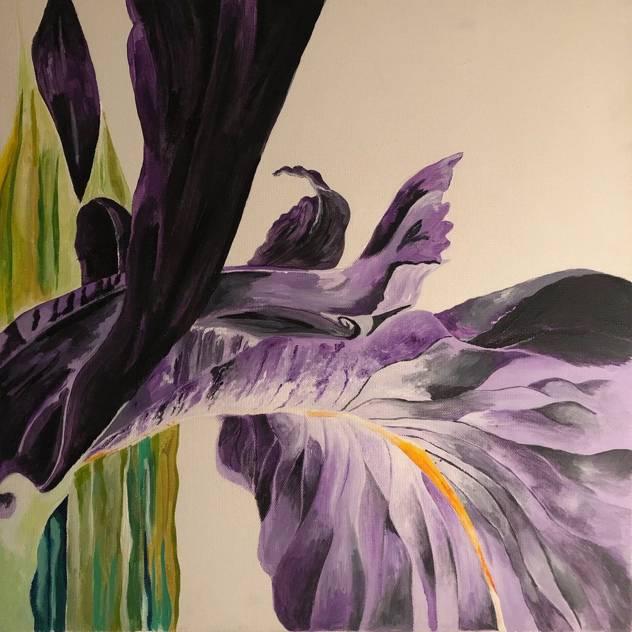 An acrylic  painting of a purple and black iris flower with green leaves on the left side.