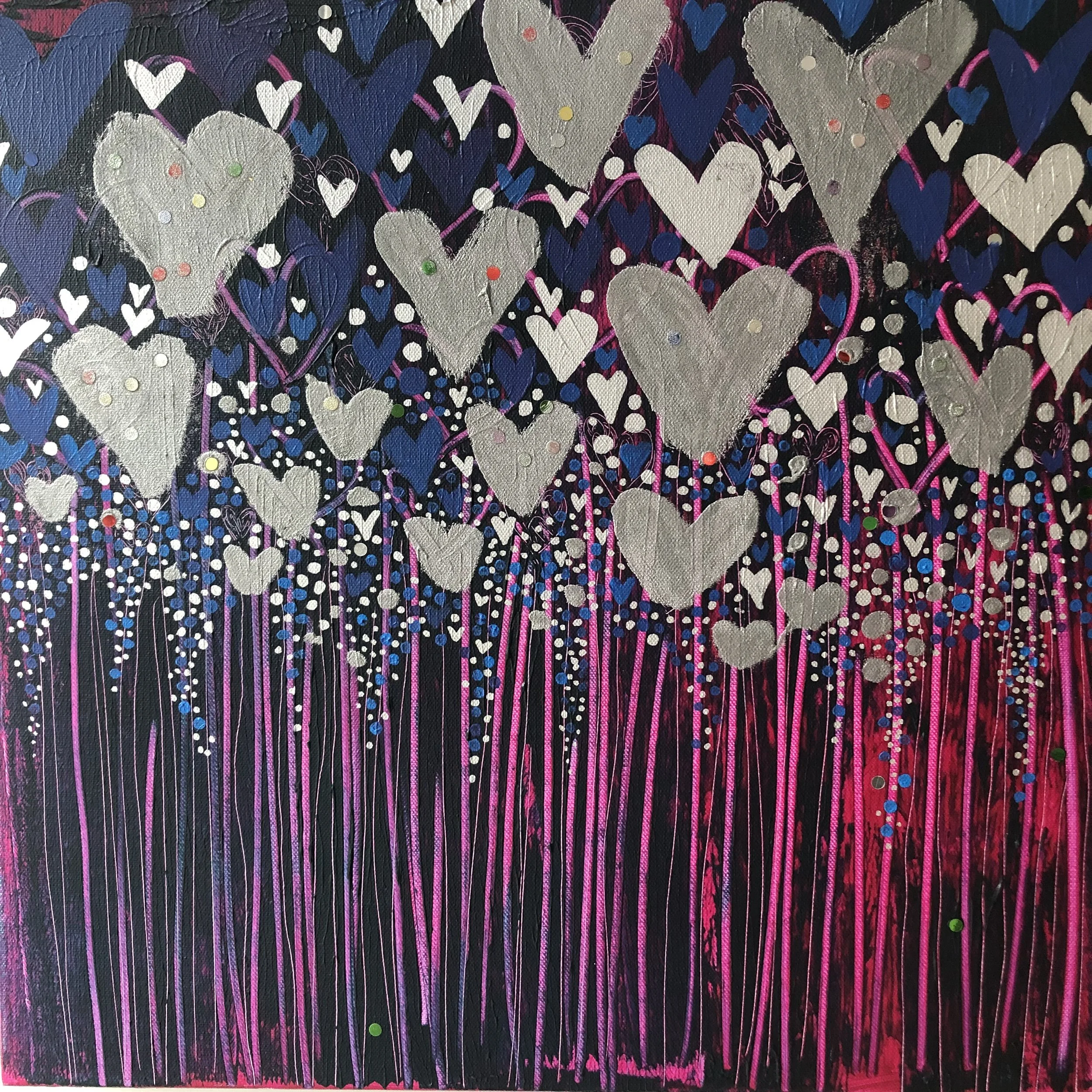 A colorful abstract painting featuring various-sized hearts in white, blue, and gray, with pink and white dotted accents, set against a black background with vertical pink and purple streaks.