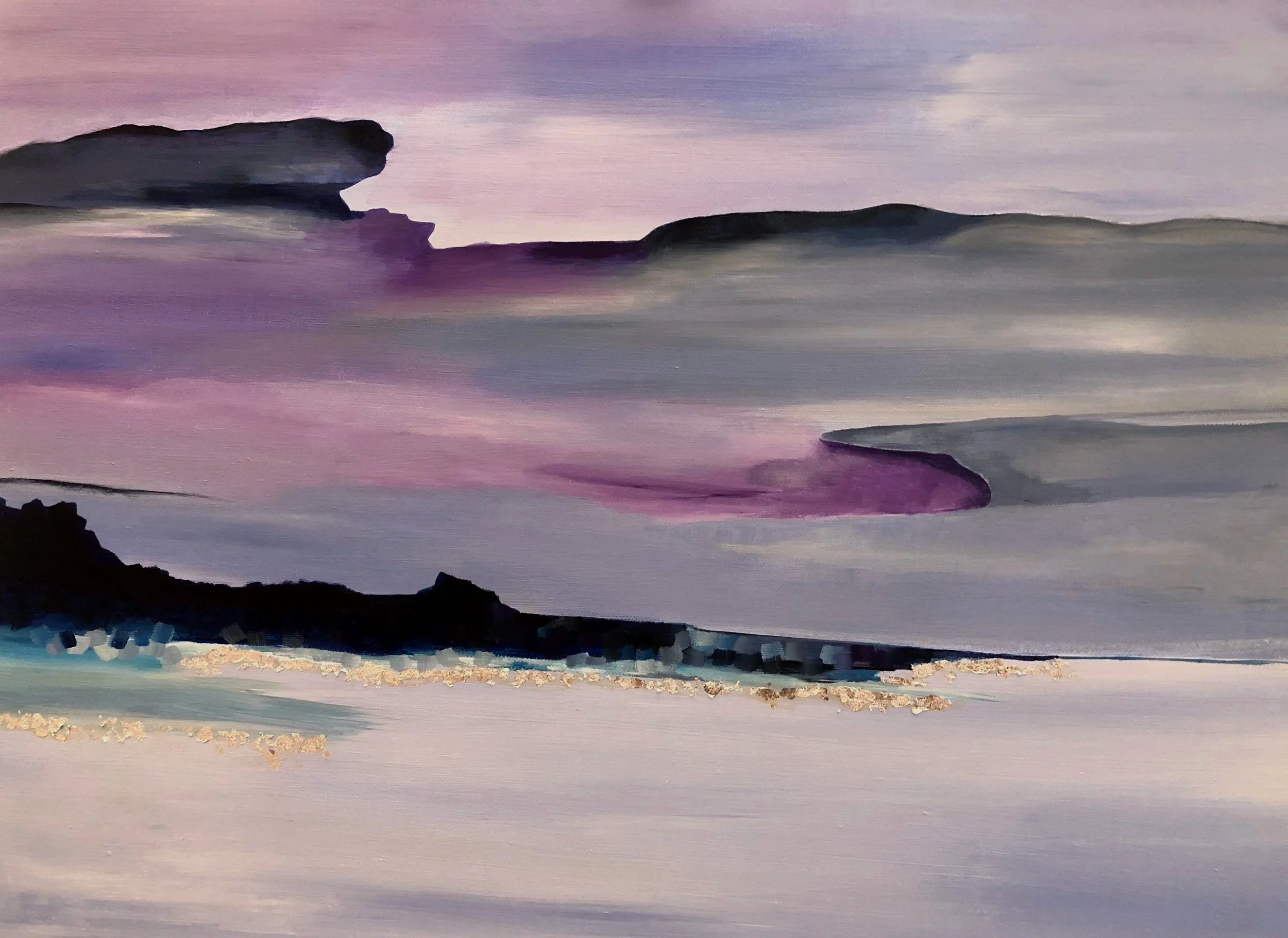 A serene watercolor painting of a coastal landscape at sunset with rocky formations, calm water, and a pink and purple sky.