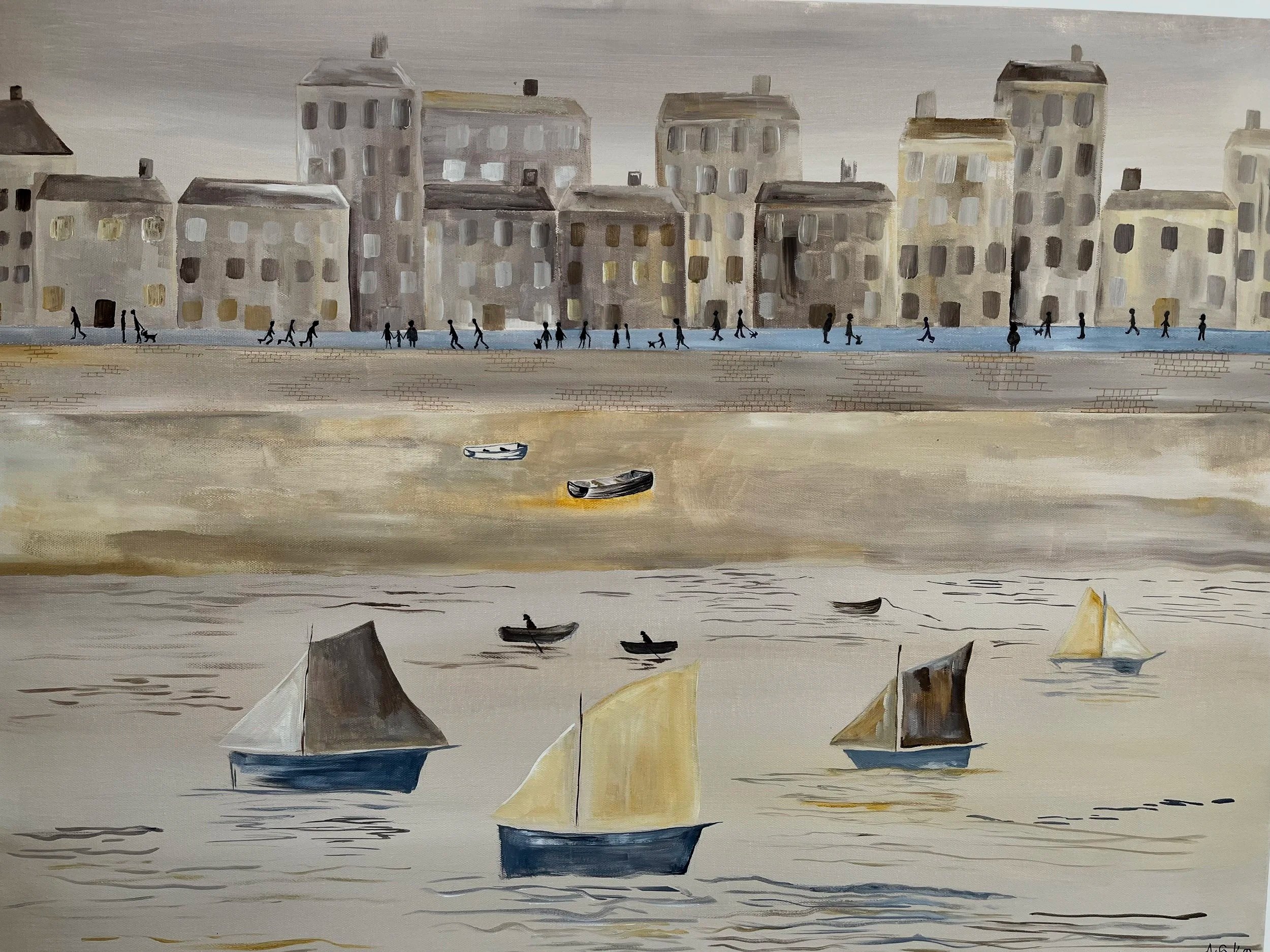 One off original wall art, stretched canvas.An acrylic painting of a seaside scene with several sailboats in the water and a cityscape of tall, gray buildings in the background, under a cloudy sky.