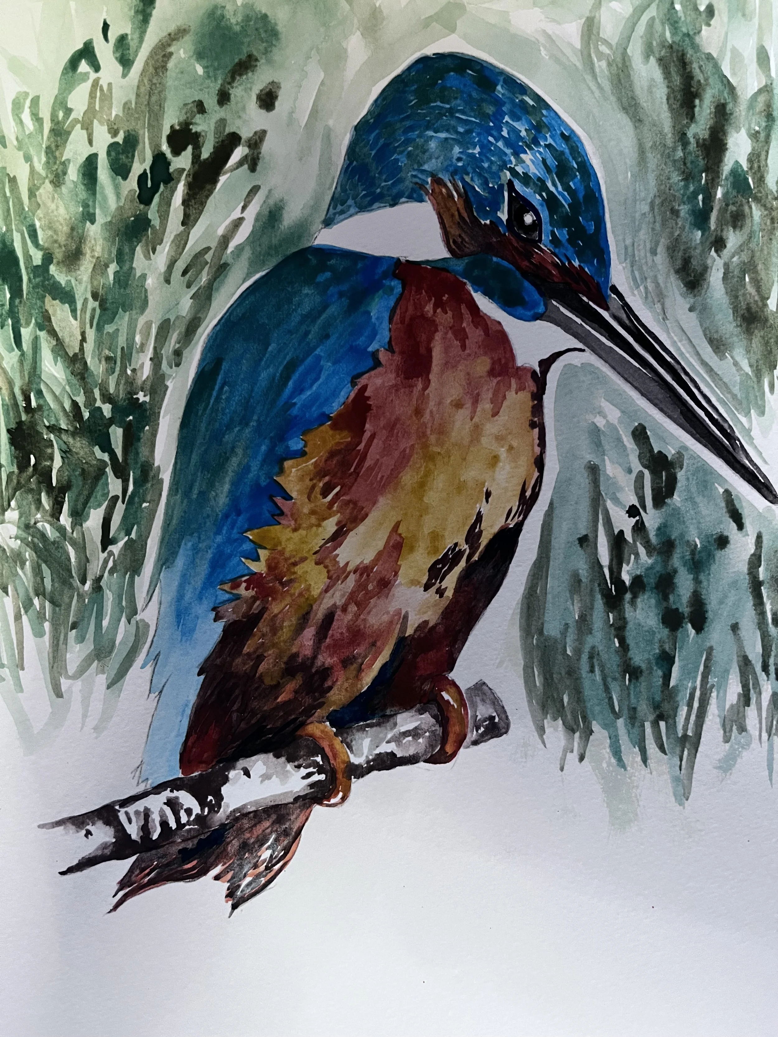 Watercolor painting of  a kingfisher, perched on a branch amidst green foliage.