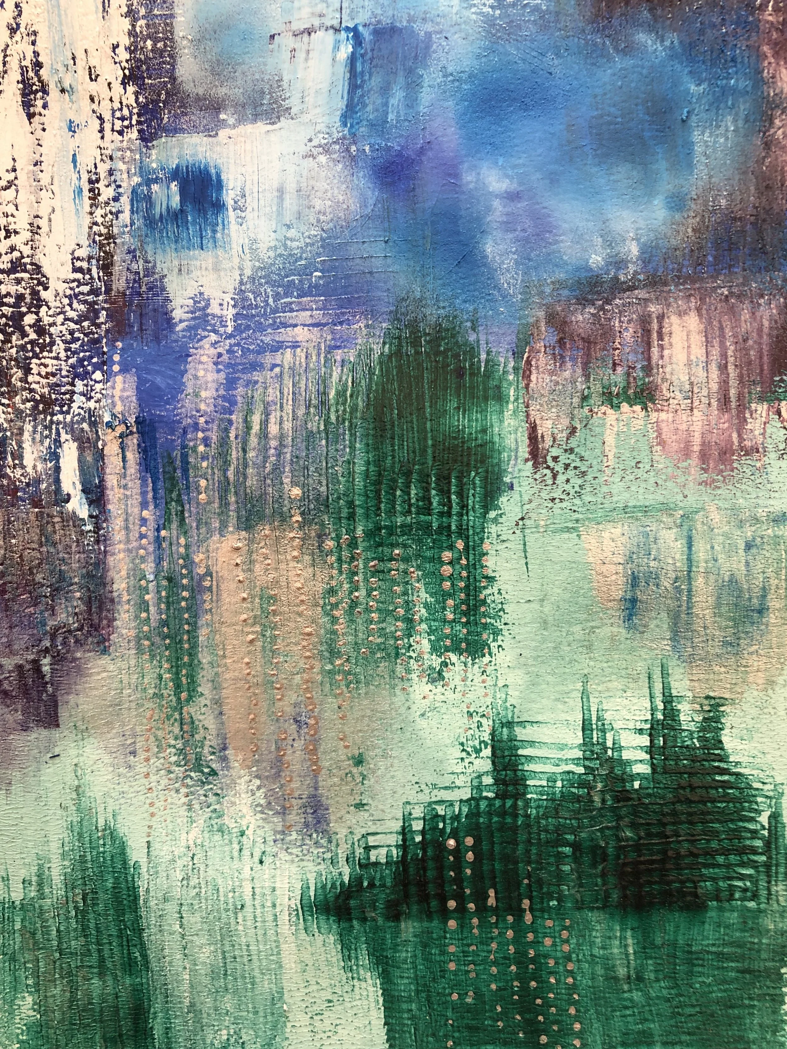 Abstract painting with blue, green, purple, and brown brushstrokes, textured surface, with some areas resembling cityscape silhouettes and vertical lines.