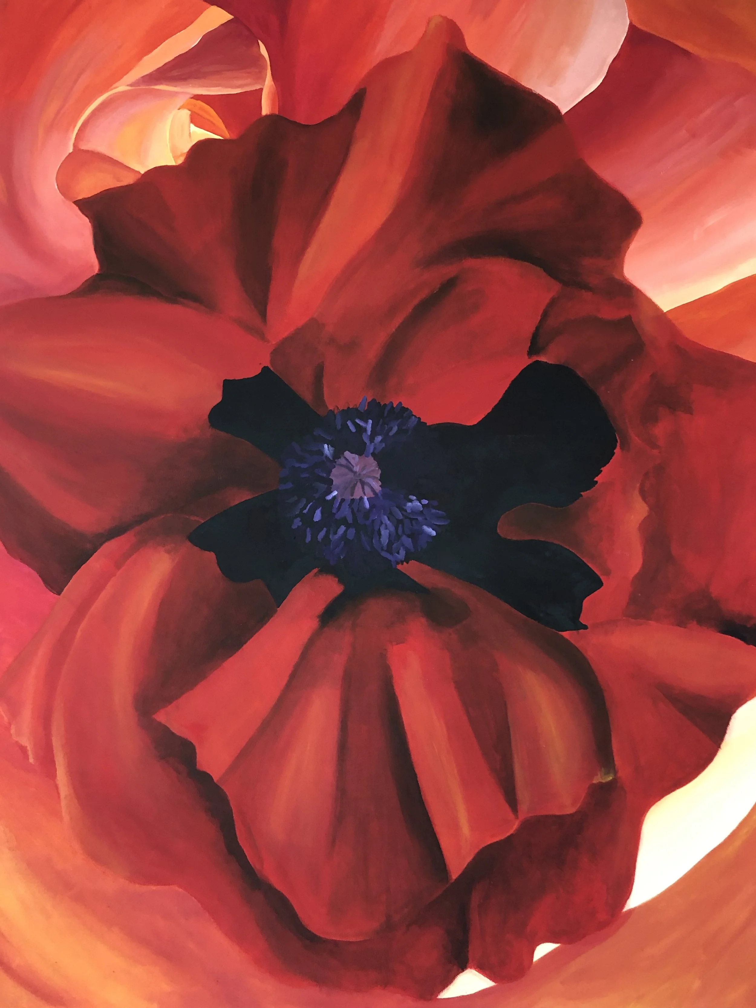 Close-up of a red poppy painted on a flower acrylic on canvas wall art flower with dark purple and black details in the center.