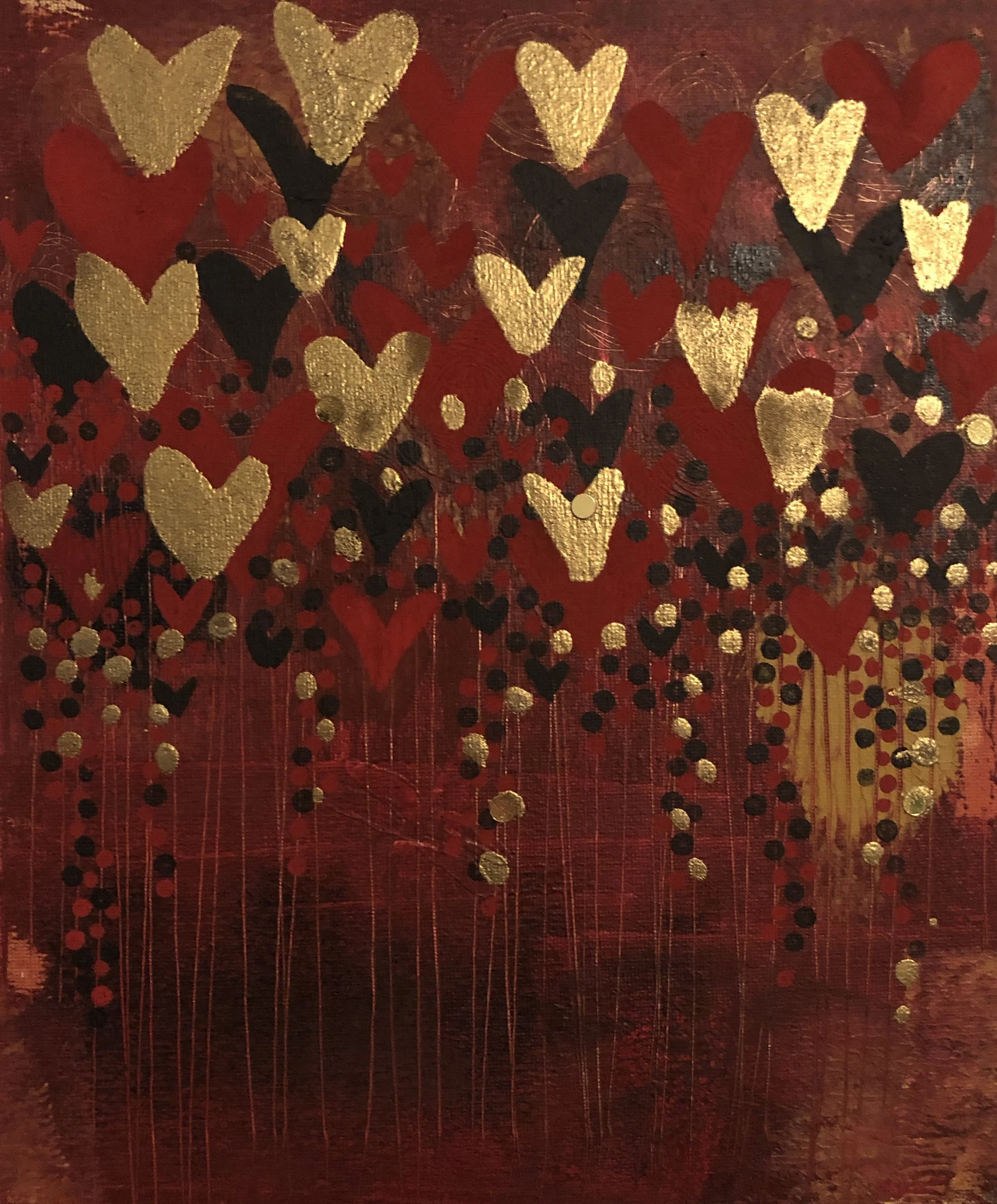 A pattern of red, black, and gold hearts and dots on a dark red background, with gold lines and swirls.