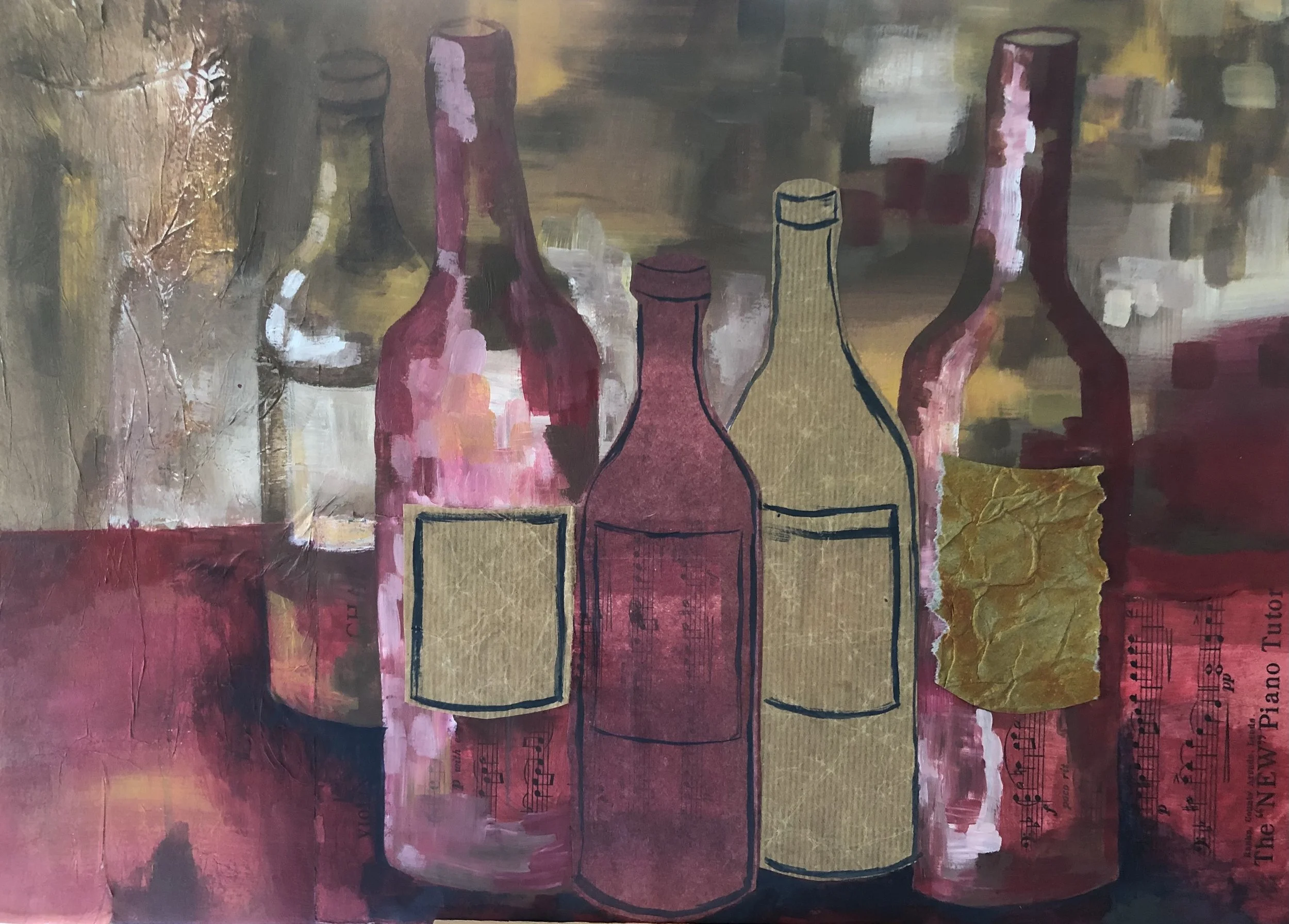 Abstract painting depicting wine bottles silhouette outline with a background of textured earthy tones and sheet music.
