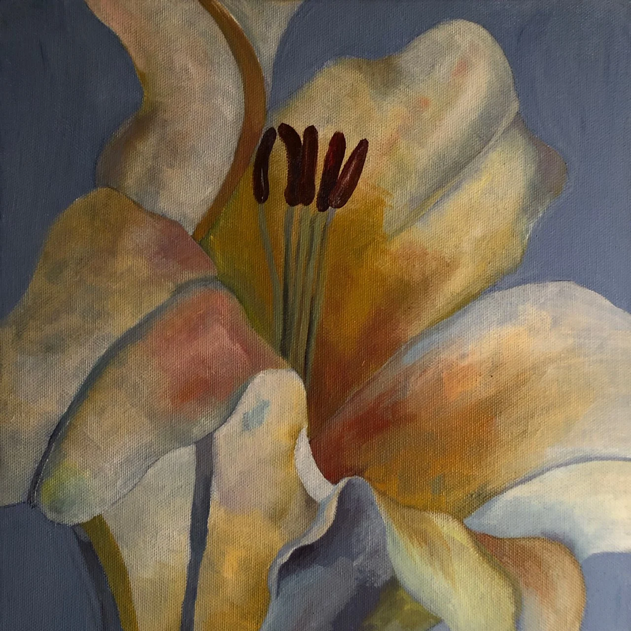Close-up of a lily painted in acrylic with yellow, orange, white, and green petals and dark brown stamens against a blue background.
