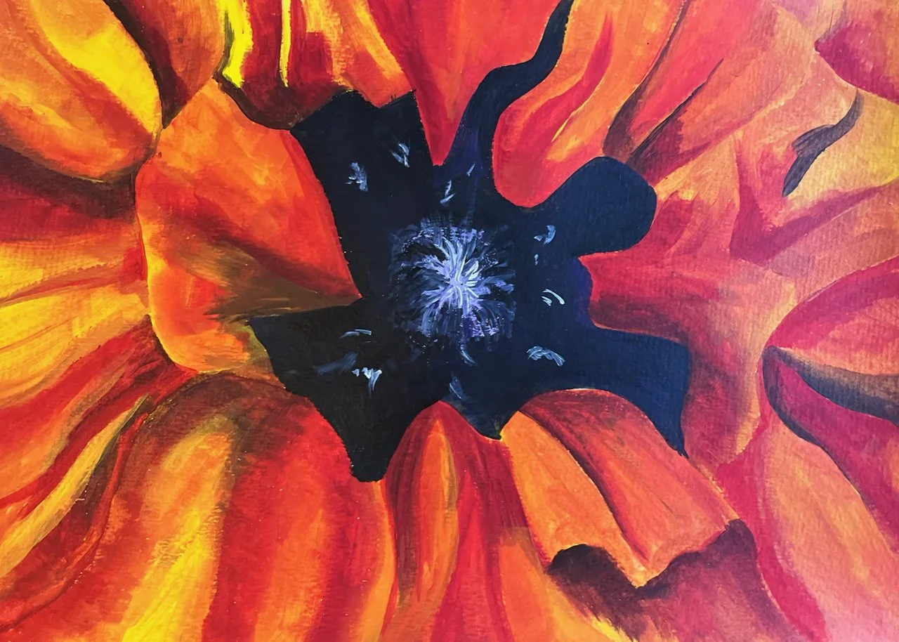 A detailed, colorful oil pastel study of a poppy. 