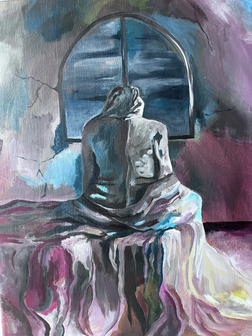 Acrylic painting of a woman sitting on a bed, looking out of a large arched window at a dark, cloudy sky.