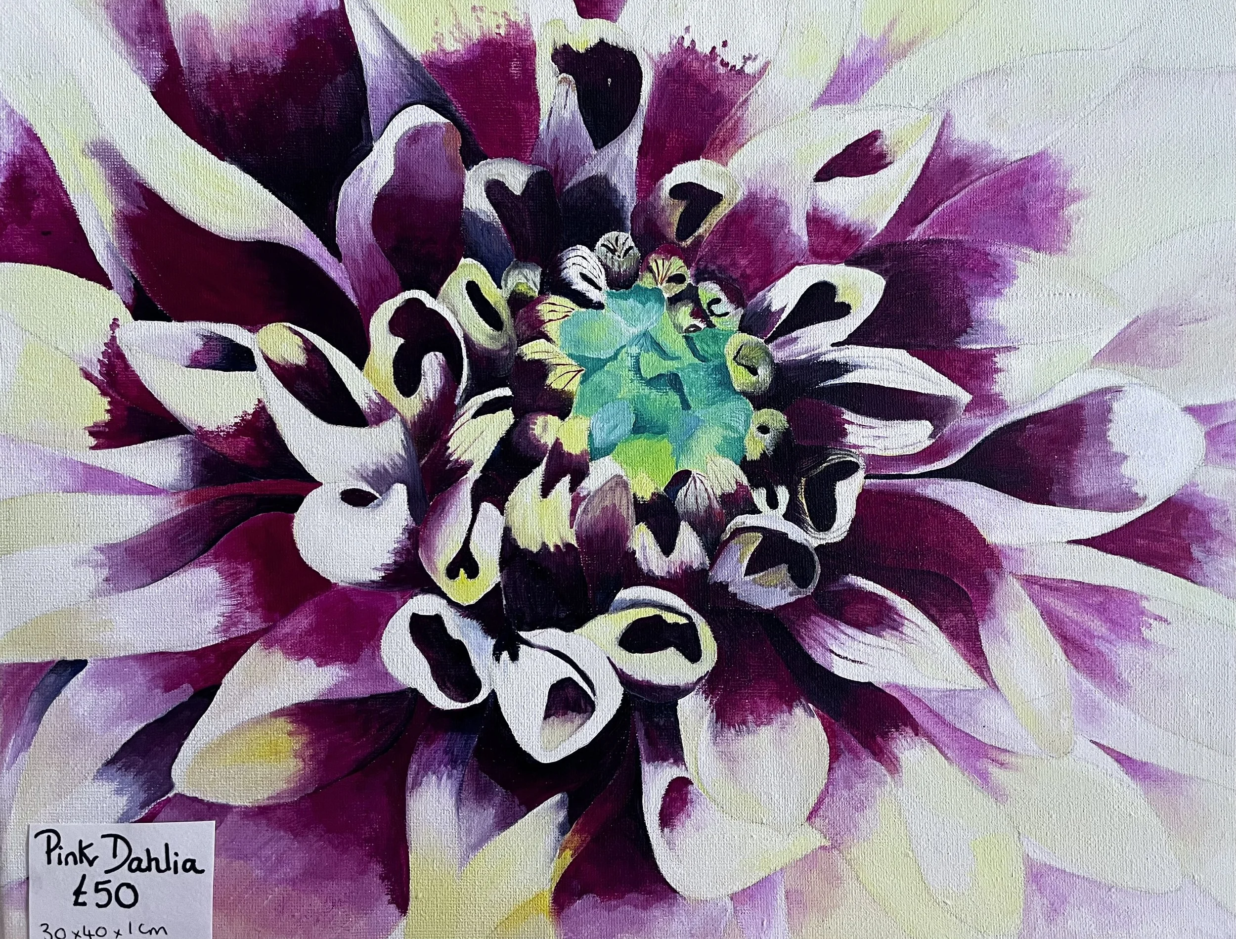 A vibrant abstract acrylic painting of a pink dahlia flower with large, layered petals in shades of pink, purple, black, and white, with a small greenish-blue insect near the center of the flower.