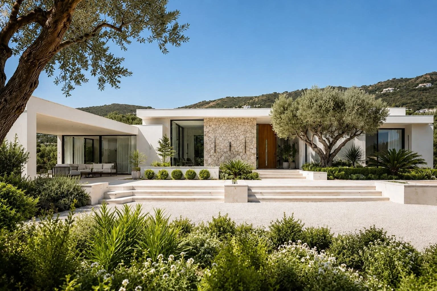 Cote d'Azur residence, limestone entry facade under Mediterranean sun